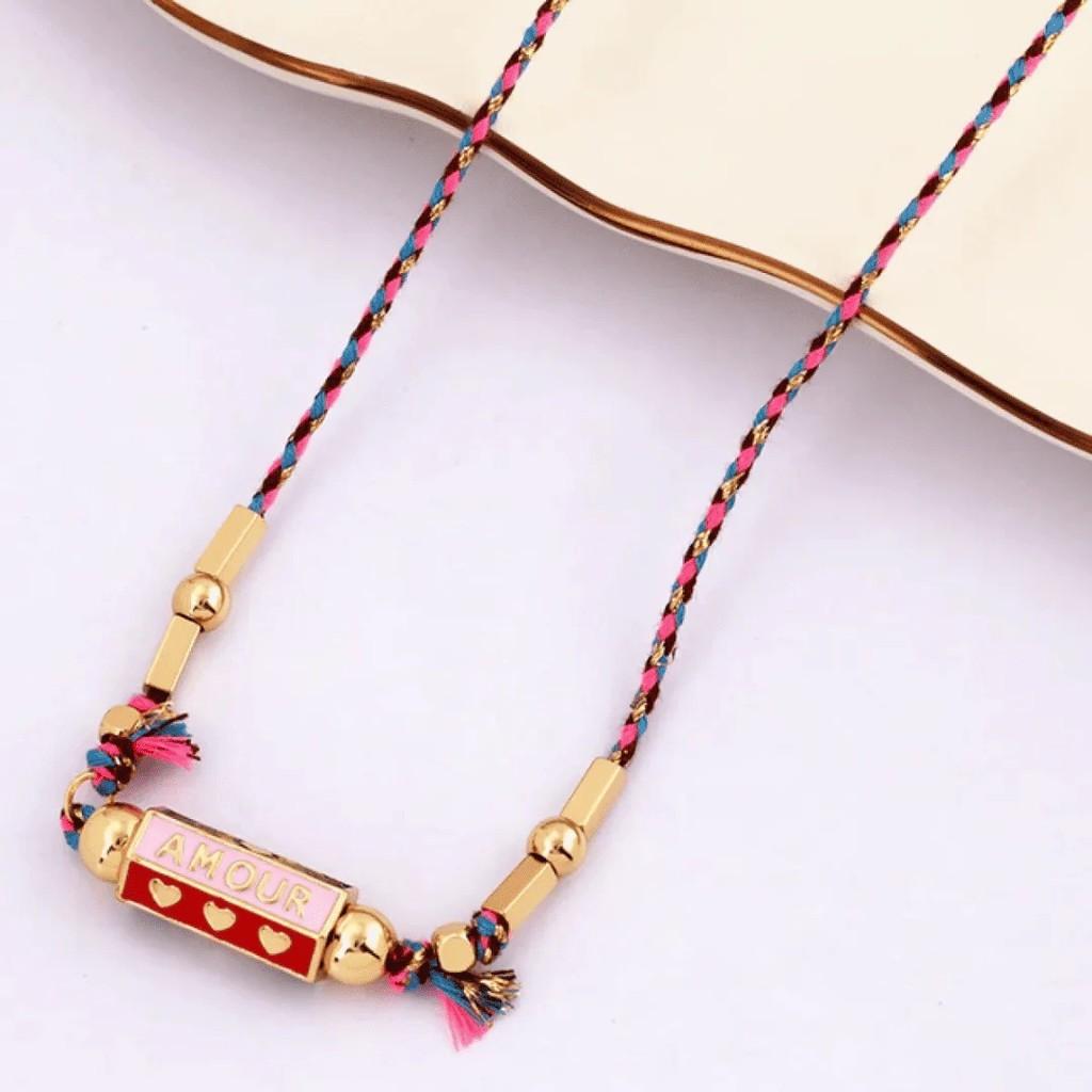 Vintage Graffiti Alphabet Necklace For Women With Copper Geometric Pendant And Colorful Cord