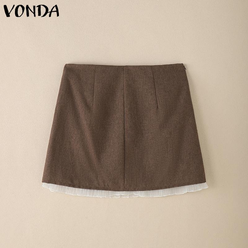 VONDA Women Zipper Waist Bow Knot Solid Color Netyarn Hem Mini Skirts