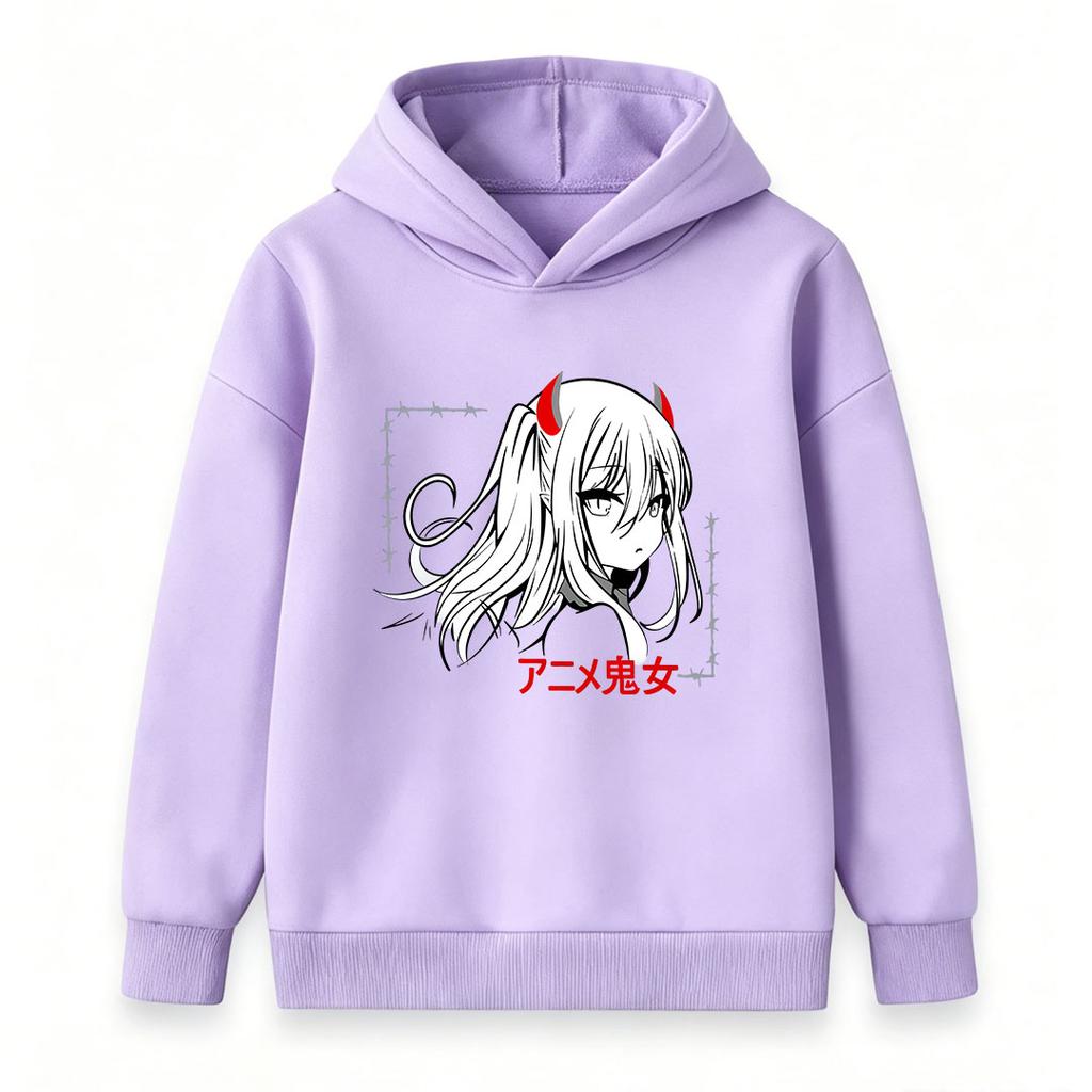 Kids Boys Girls Pullover Hoodie, Anime Demon Girl Horn Printed Casual Long Sleeve Hooded Sweatshirt, Soft Lightweight Streetwear Pullover for Daily We
