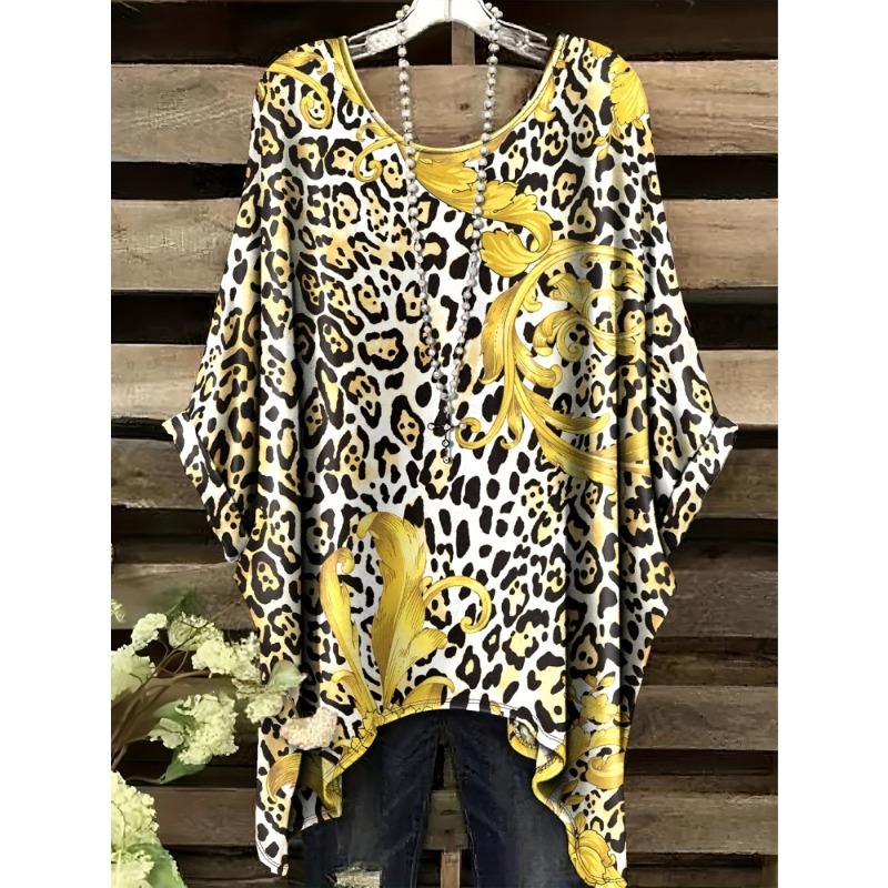 Women s fashion animal print T-shirt formal top casual women s short sleeved T-shirt comfortable retro clothing XXL