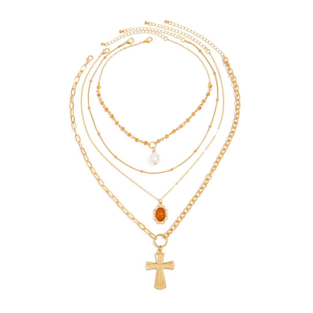 Salircon 4Pcs/set Punk Jesus Cross Imitation Pearl Pendant Necklace Women Vintage Gold Color Geometric Chains Y2K Jewelry Gifts