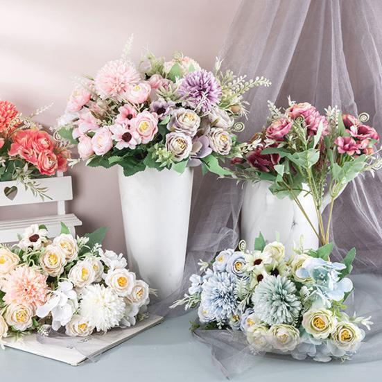 Artificial Mixed Flower Realistic Pan Weaving Tea Rose Chrysanthemum Silk Fake Bouquet for Wedding