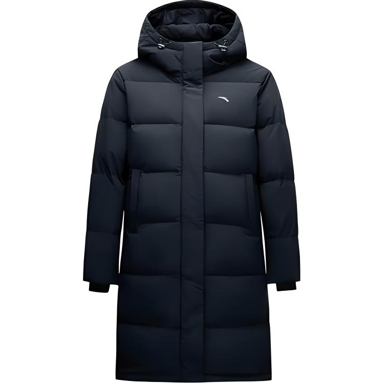 Anta Solid Color Zipper Hooded Comfortable Breathable Versatile Mid-Length Down Jacket Women Outerwear Basic-Black 162517903-2