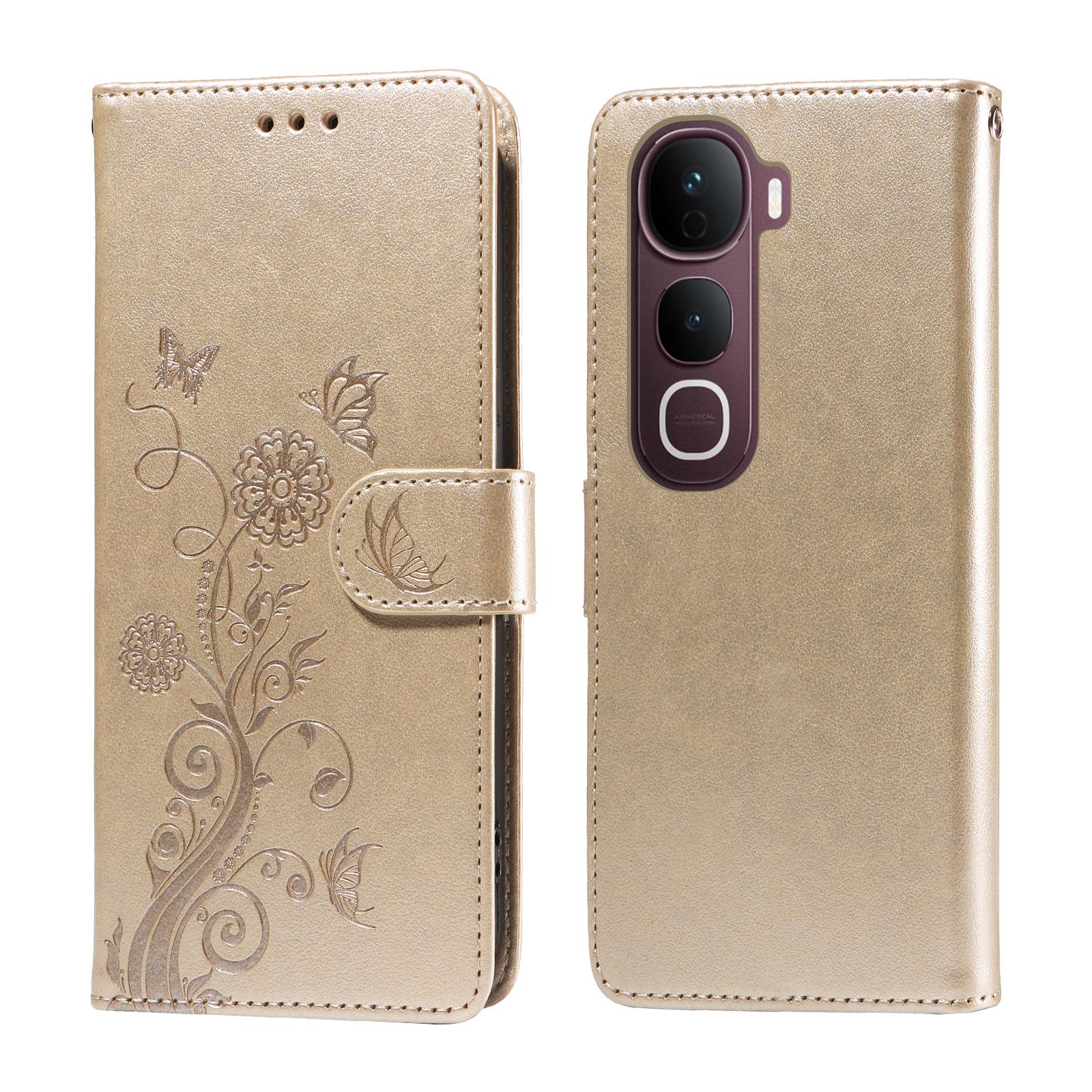 

For vivo Y400 Pro 5G/vivo V40e 5G Leather Case Butterfly Floral Imprint Wallet Stand Cover Golden