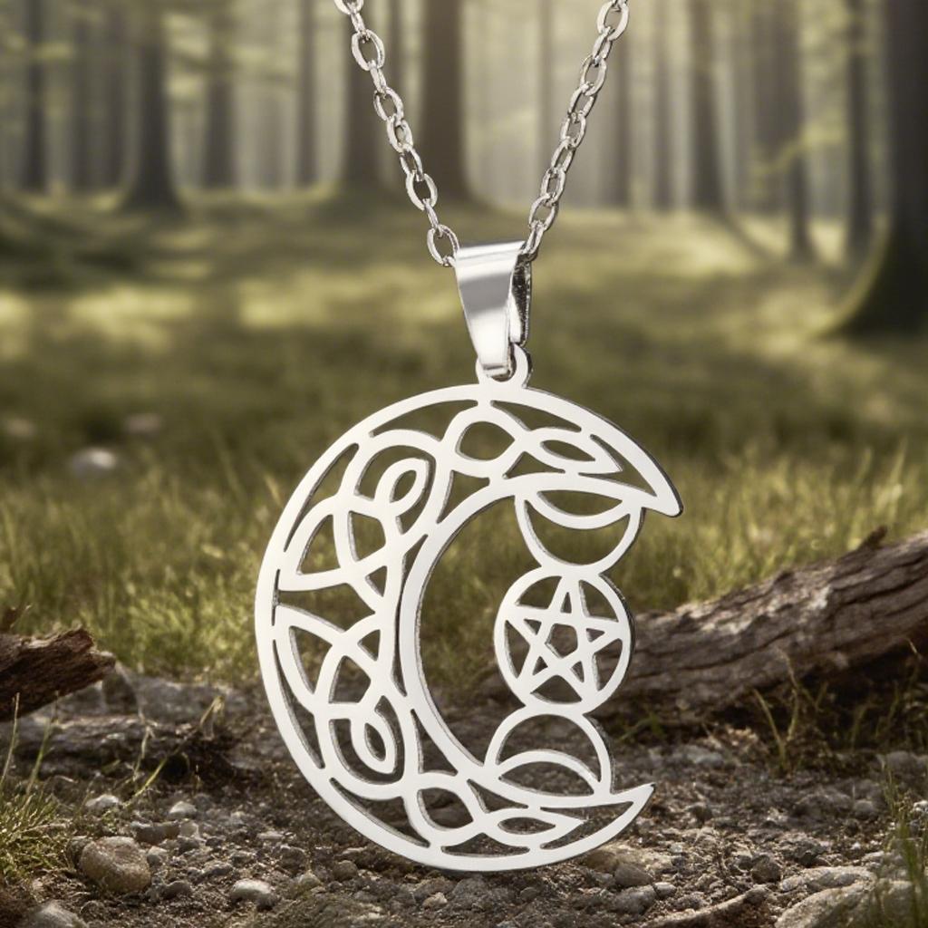 Dawapara Triple Moon Goddess Celtics Moon Necklace Pentagram Wiccan Pendant Protection Talisman Stainless Steel Jewelry