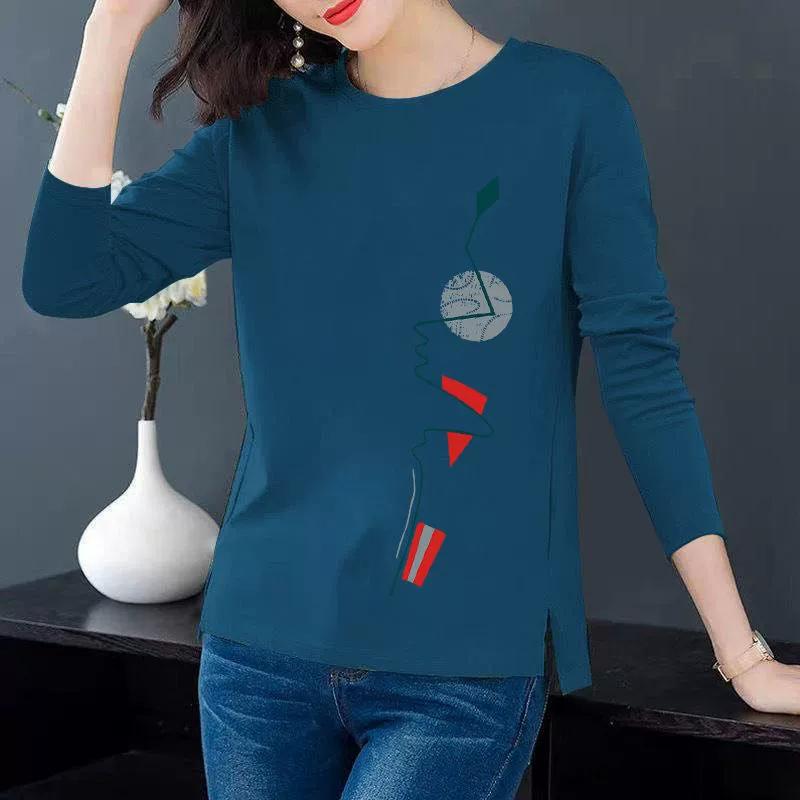 Women's Spring and Autumn Thin Size Plus Size Round Neck Long Sleeve T-shirt Slim Fit Versatile Casual Base Top