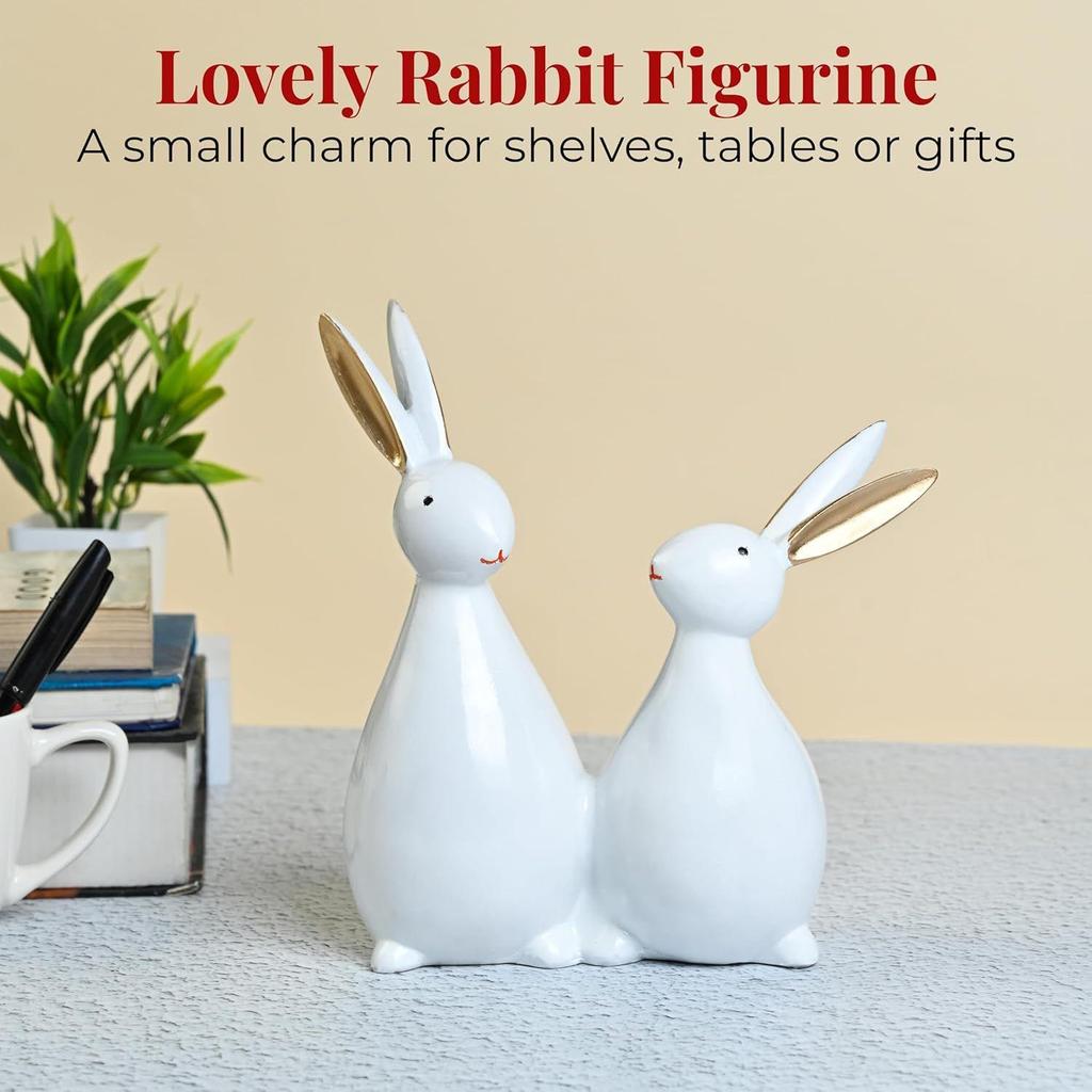Cute White Rabbit Pair Showpiece – Decorative Bunny Figurines for Home, Bedroom, Living Room & Office Desk | Feng Shui Good Luck Gift,