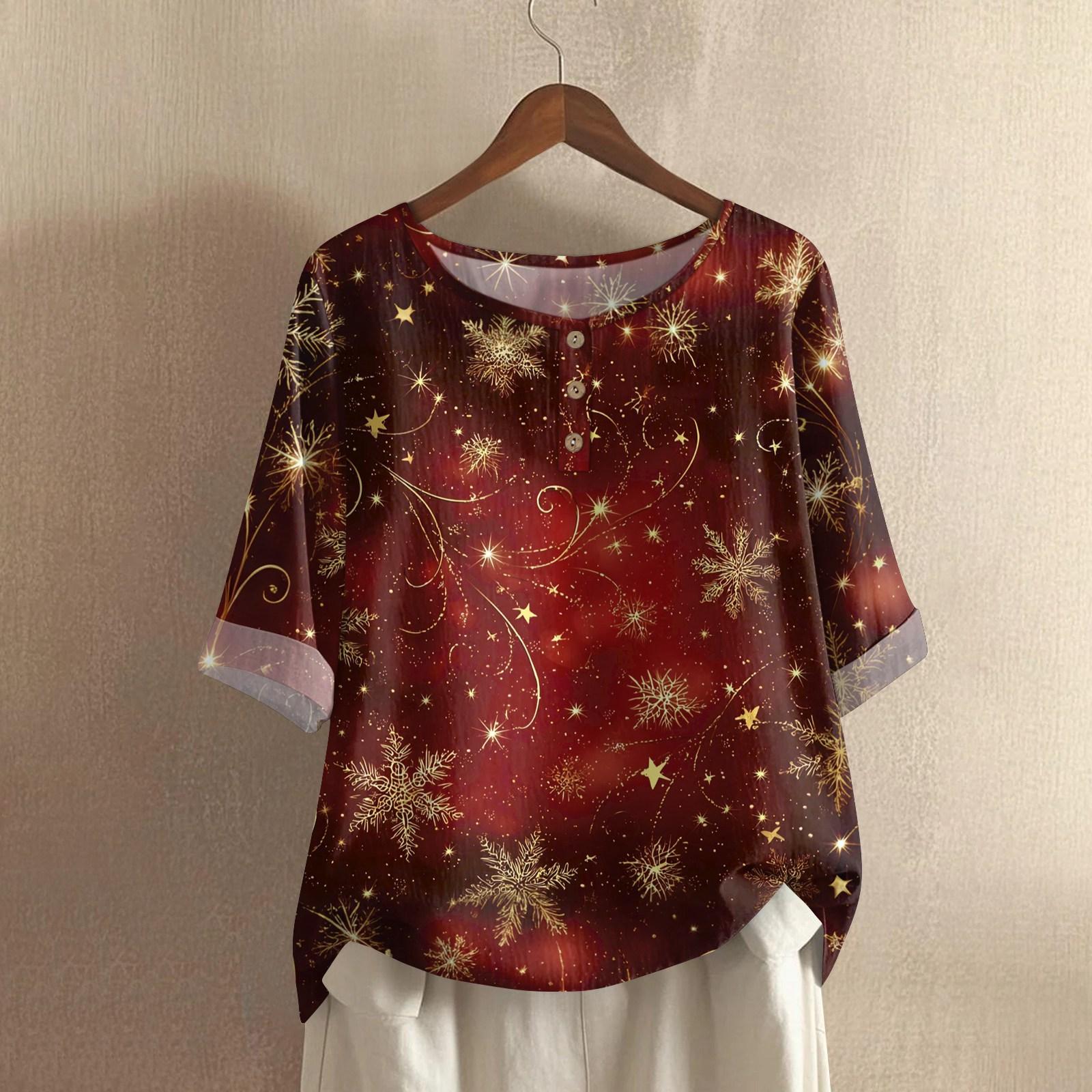 

Женская модная и повседневная рубашка с полурукавом и круглым вырезом, с рождественским принтом, блузка из хлопка и льна XL золотой