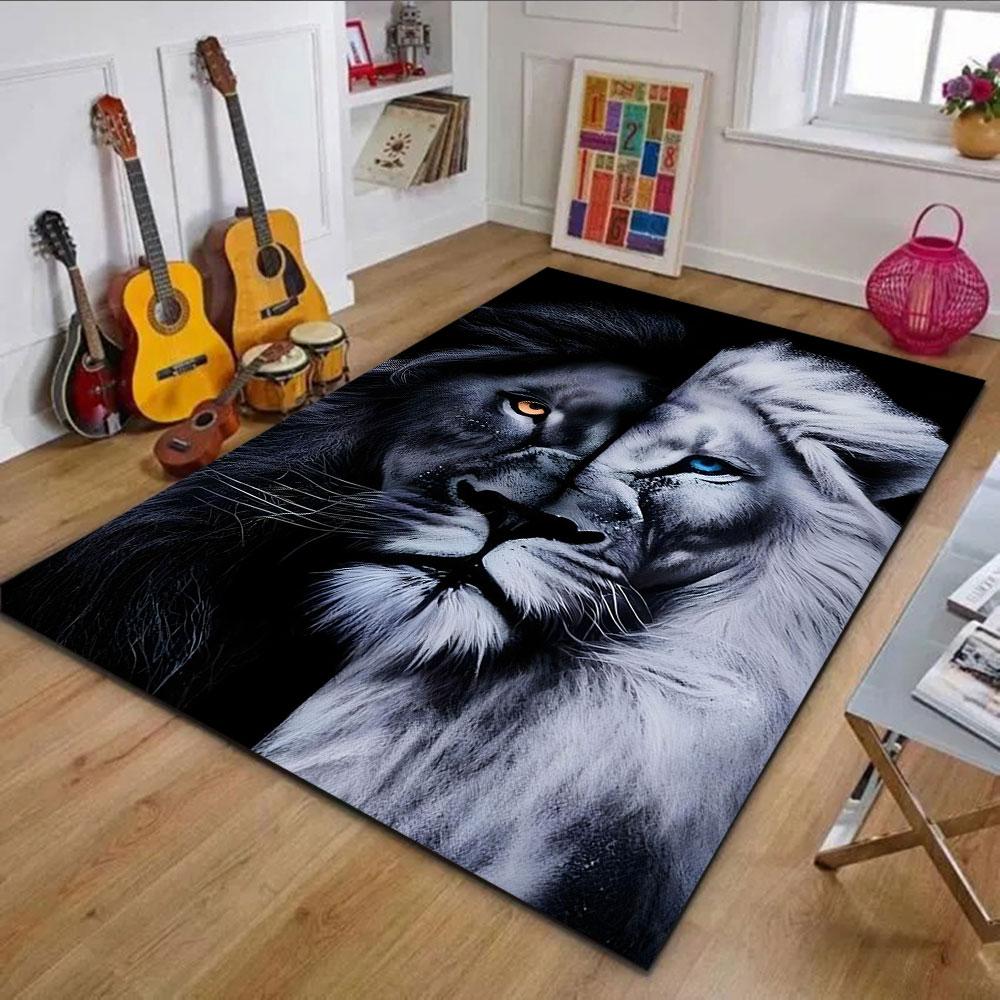 Dual Tone Lion Portrait Rug Patterned Carpet, Non Slip Mat Suitable for Living Room and Bedroom Sofas
