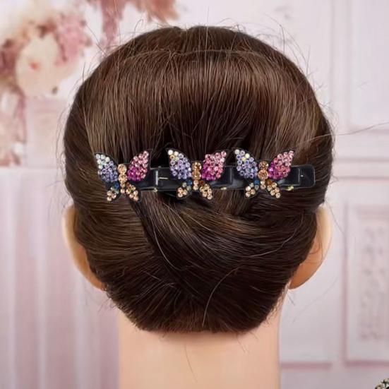 4Pcs Rhinestone Butterfly Hair Clip Head Back Braiding Hair Clamp Double Layers Hairpins Women