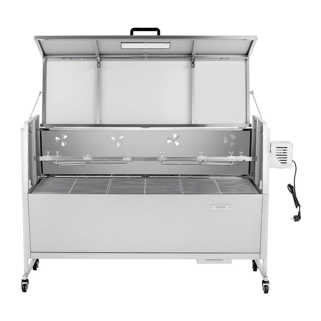 Rotisserie Grill, 38W BBQ Outdoor Pig & Lamb Spit Roaster, Charcoal Spit Roaster with 60 Kg Capacity, Wheels & 4-Level Height, Stainless Steel