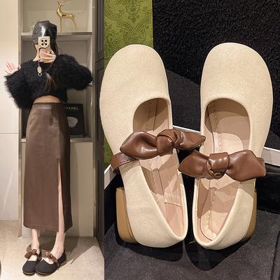 French Gentle Mary Jane Single Shoes Women's New Spring and Autumn Low-heeled Bow Light Mouth Soft-soled Beanie Shoes Women