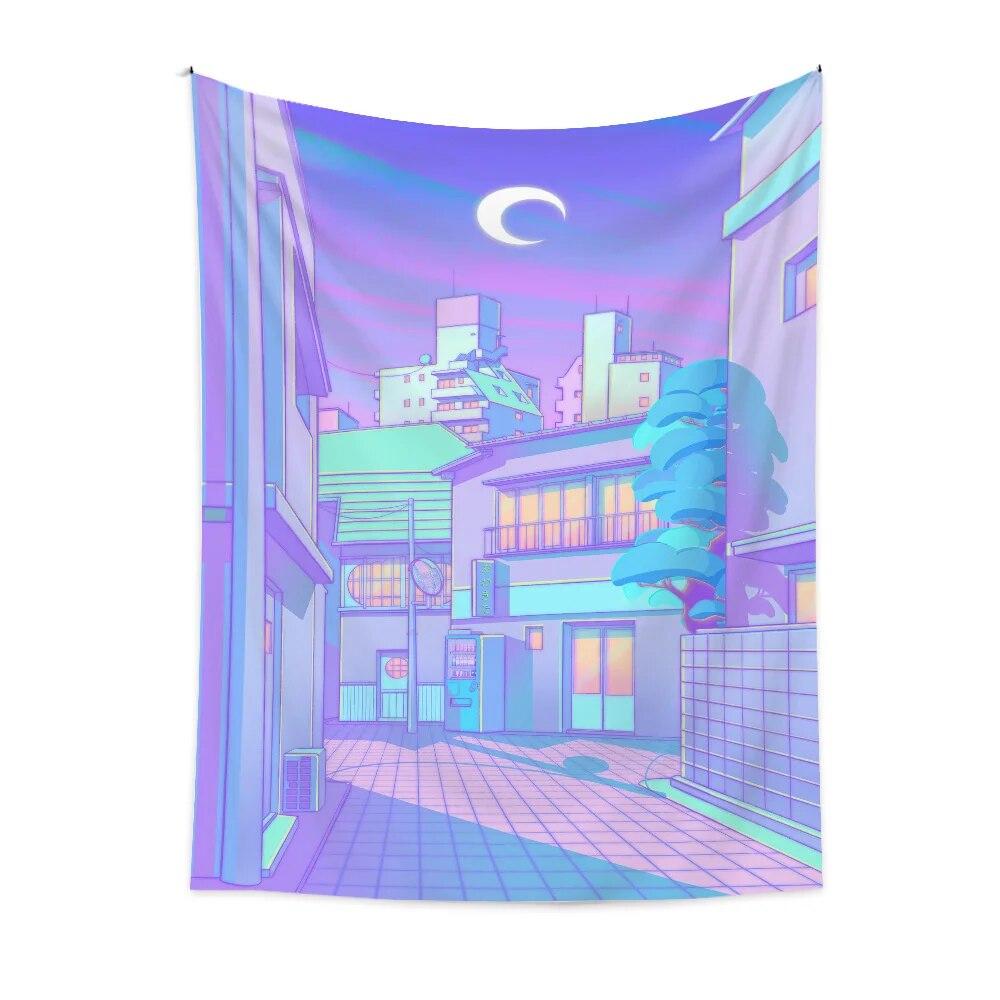 Purple landscape city building tapestry anime character wall hanging cloth bedside carpet room decoration tapestry
