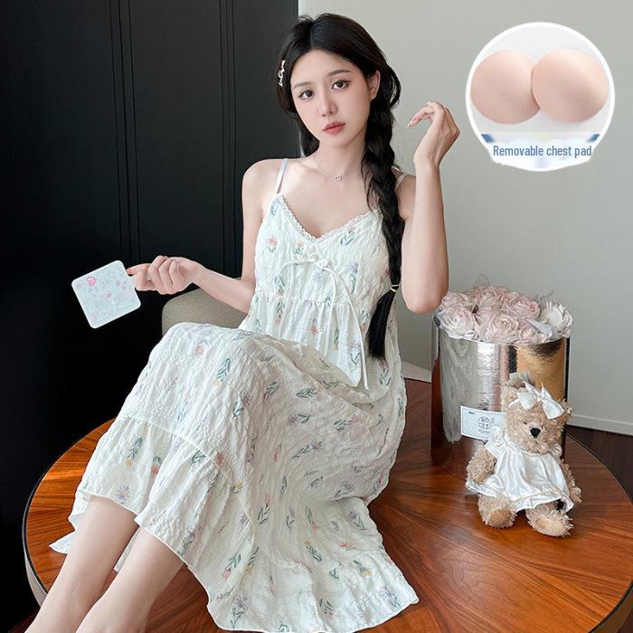 Sommerliches koreanisches Nachthemd aus gewebtem Krepp mit Brustpolstern – süß, dünn, reine Baumwolle für Damen