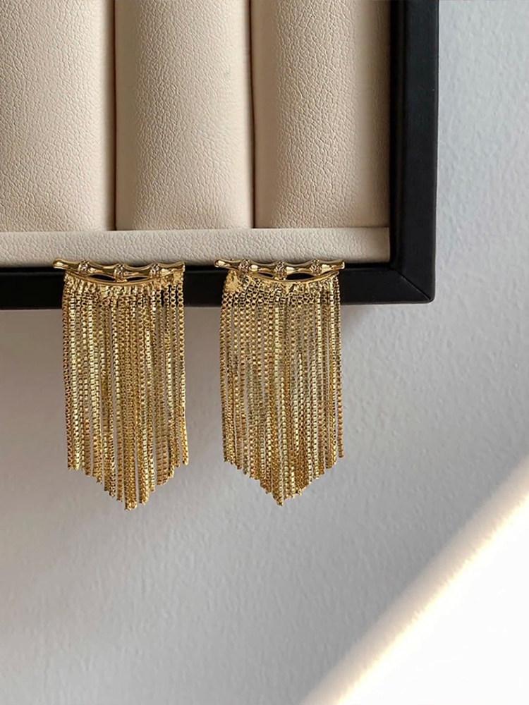 Gold-Plated Zirconia Tassel Stud Earrings - French Court Style, Luxury Design for Women