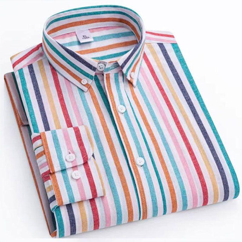

New Trendy Youth Rainbow Striped Shirt High-End Casual Business Wrinkle-Resistant Men 4XL рожевий