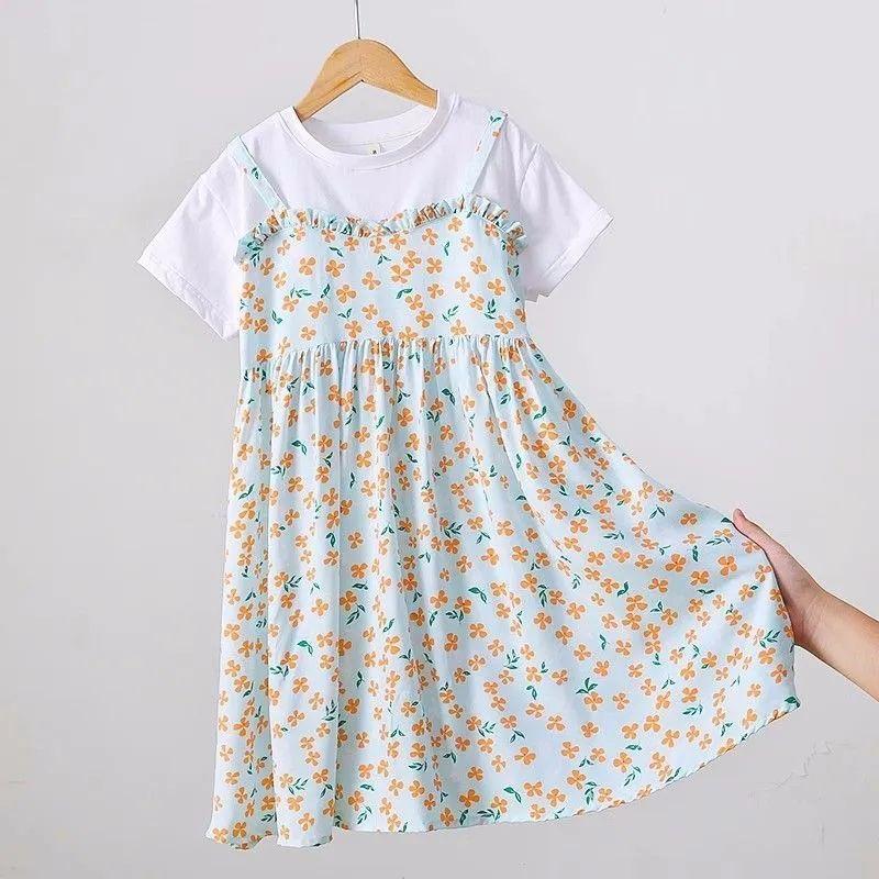 

Летнее новое поддельное платье из двух частей для девочек Летнее платье Крутое длинное платье для девочек 160