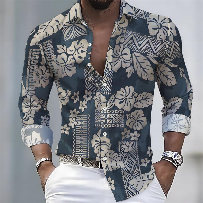 New Spring/Autumn Men s Long-Sleeved Shirt with Retro Patchwork Print, Comfortable, Lightweight, and Elegant Lapel Top S