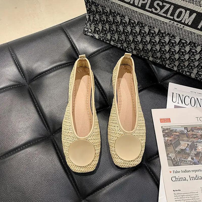 Woman Footwear Kawaii Apricot Shoes For Women With Bow Flats Flat Cute Normal Leather Casual Square Toe Korean Style Chic Point