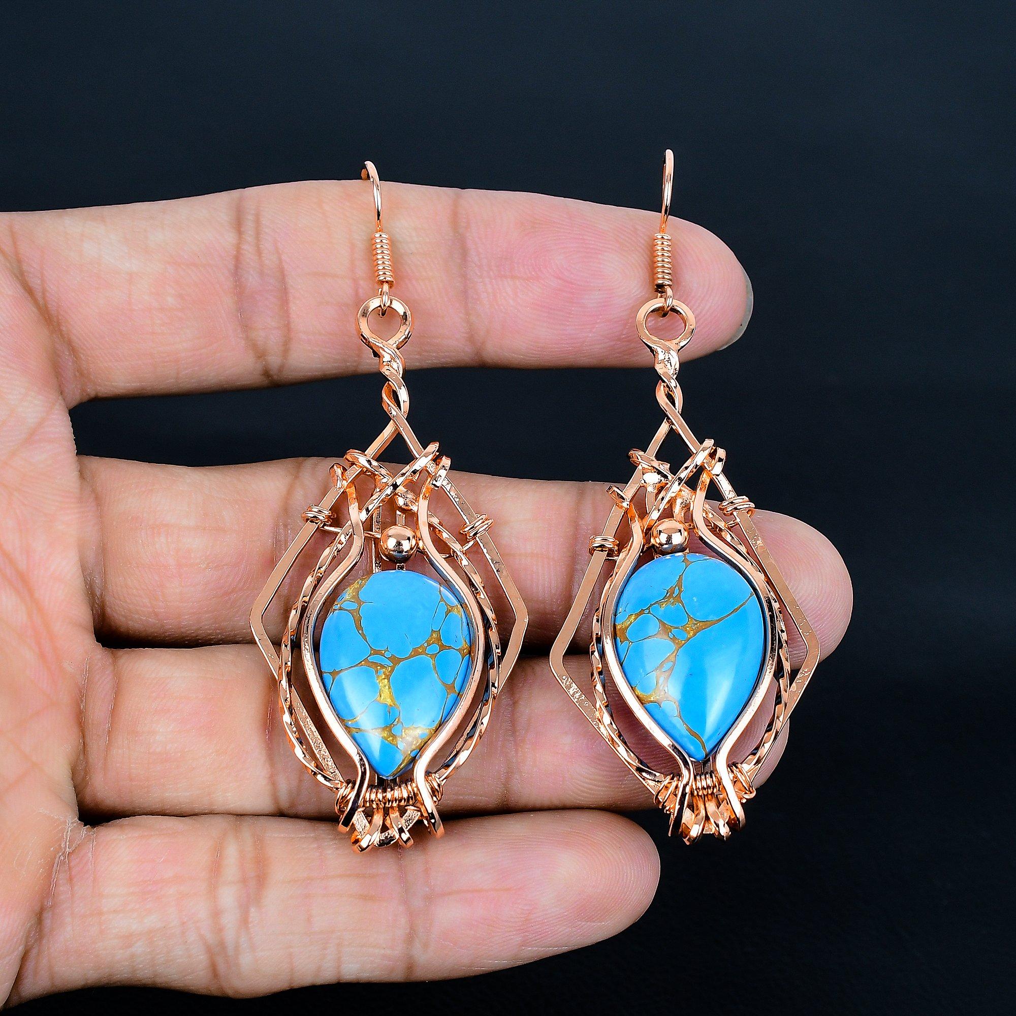 

Arizona Turquoise 999 Copper Wire Wrapped Earrings, Handmade Gemstone Jewelry Earrings For Memorial Day