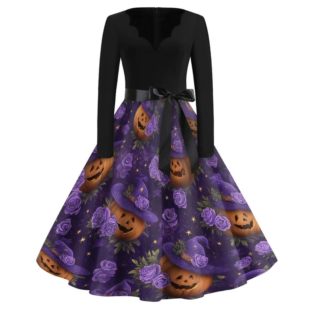 Women's Casual Vintage V Neck Dress with Halloween Print Long Sleeve Fit and Flare Knee Length Dress with Waist Tie Belt