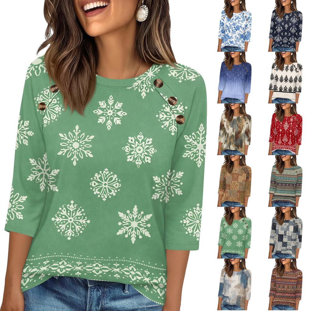 Womens 34 Sleeve Crew Neck Button T Shirt Geometric Pattern Pullover Casual Loose Fit Top for Daily Wear
