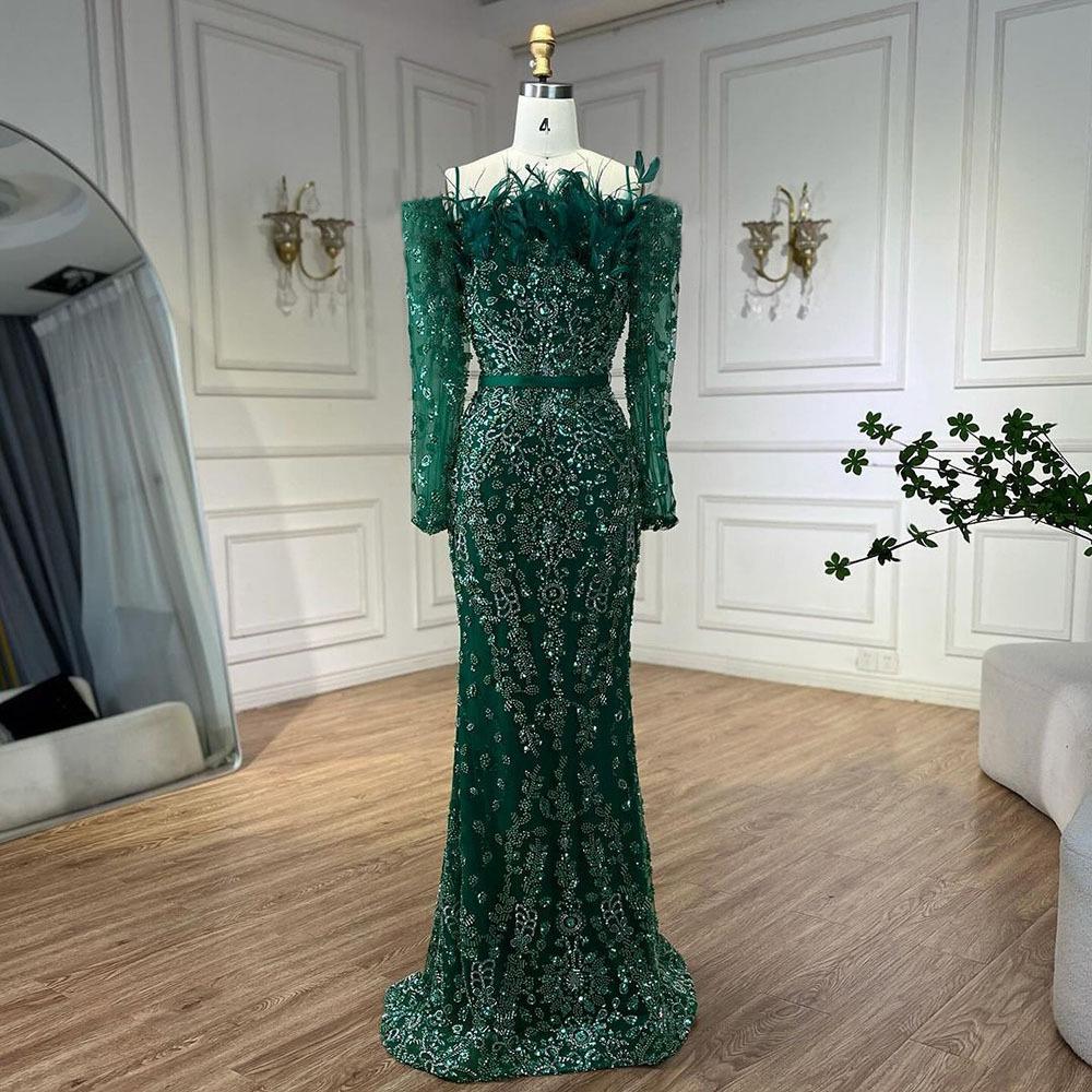 

Black One-Word Shoulder Feather Fishtail Dress Light Luxury Elegant Temperament Socialite Banquet Host Evening Dress XXXL зелений