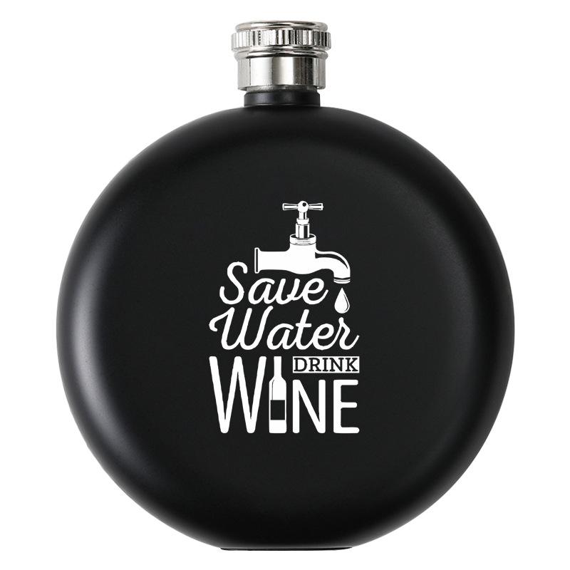 Black Stainless Steel Hip Flask Portable 5oz Round Wine Pot Laser Print Business Gift