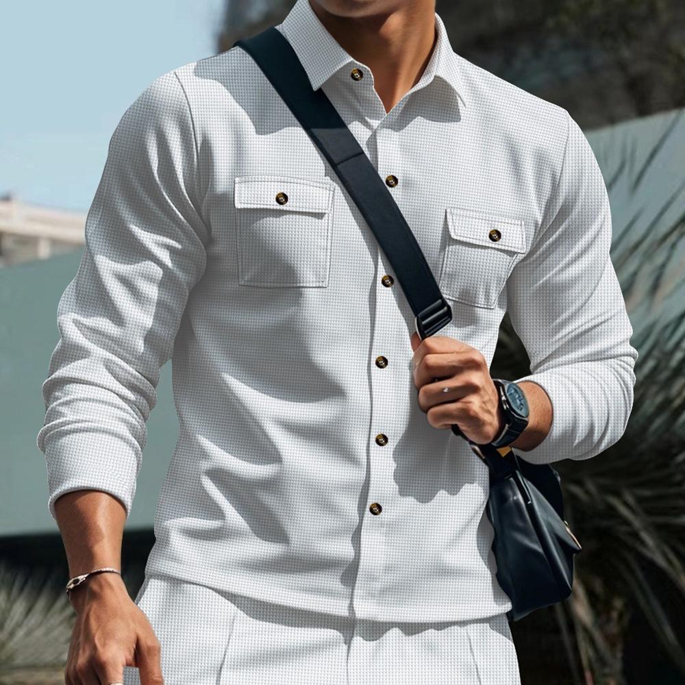 

Men s Casual Waffle Double Pocket Lapel Cardigan Jacket Large білий