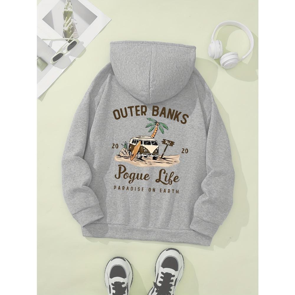 Cozy Hoodie Women's Casual Hoodie Outer Banks Pogue Life Letter Print Beach Graphic Kangaroo Pocket Cozy Autumn Apparel Trendy