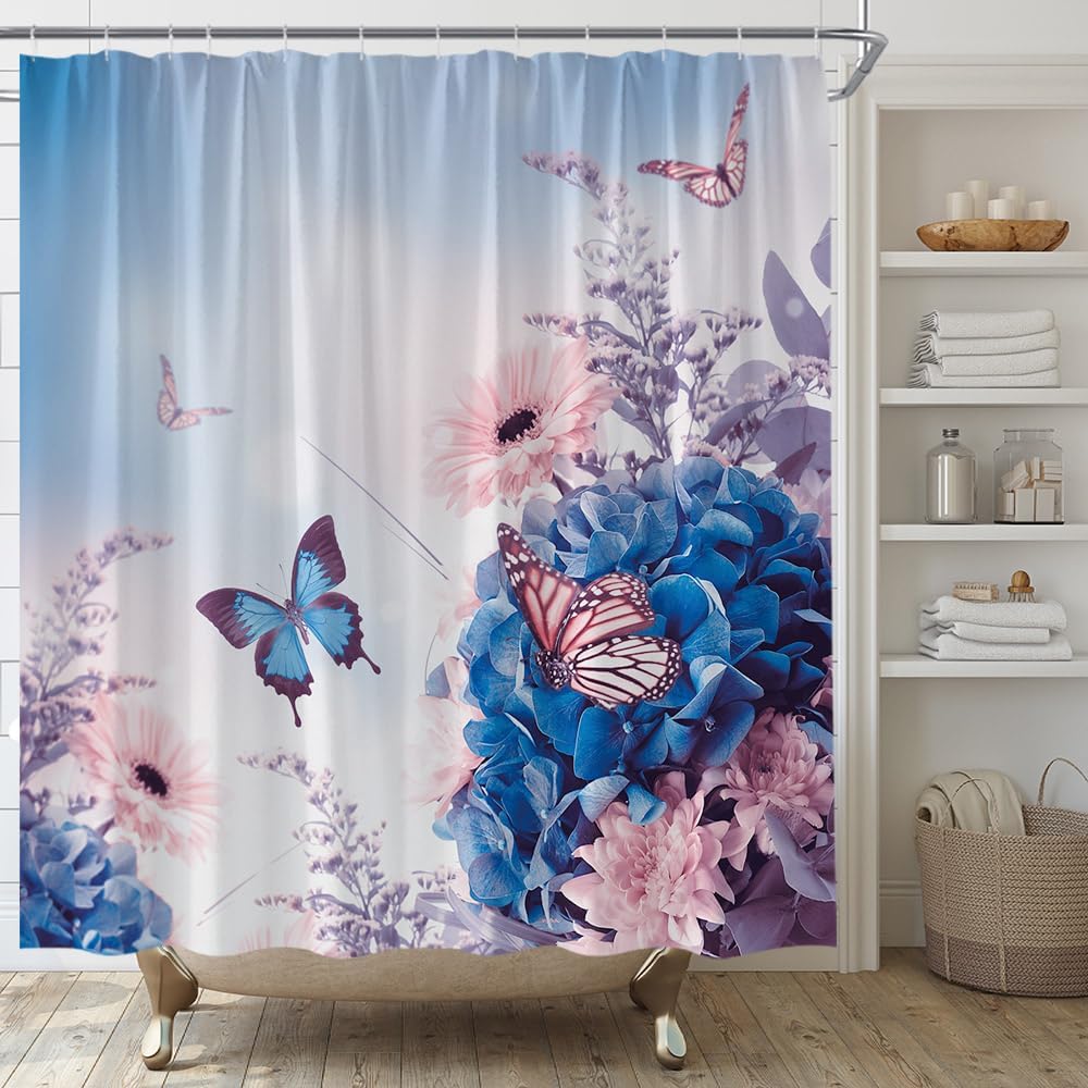 pink Flower Butterfly Shower Curtain Natural Garden Landscape Home Fabric Bathroom Decoration Shower Curtain with Hook W90xH180cm