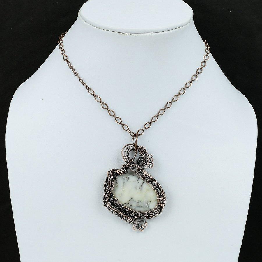 Natural Dendrite Opal Gemstone Handmade Copper Wire Wrap Pendant 2.84" g4F16