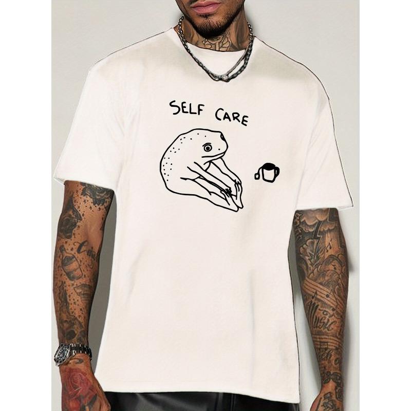 

European Size 1pc Men S Summer Casual T-Shirt with Self Care Frog Print, Cotton Knit Fabric, Crew Neck, Slight Stretch, Regular Fit 2XL белый