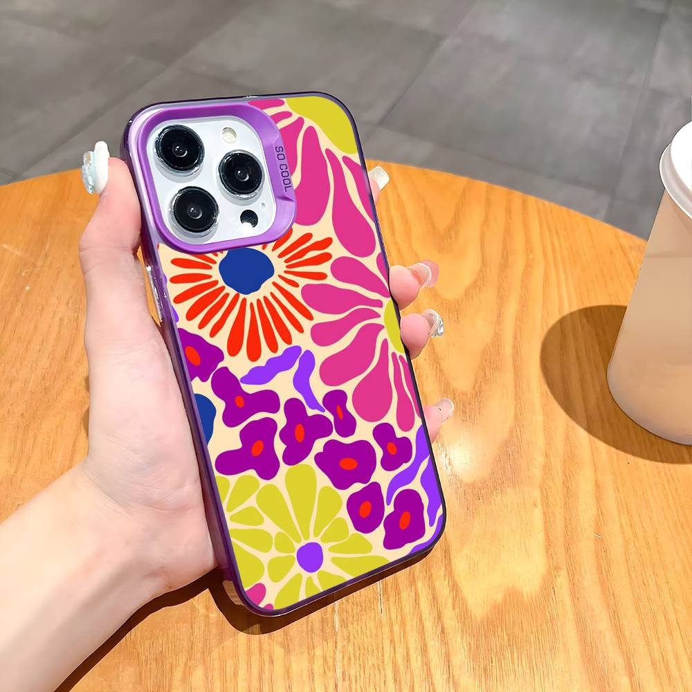 Flower Painting Art Phone Case For iPhone 16 15 14 13 12 11 Pro Max White Purple Matte Laser Metallic Aurora Funda