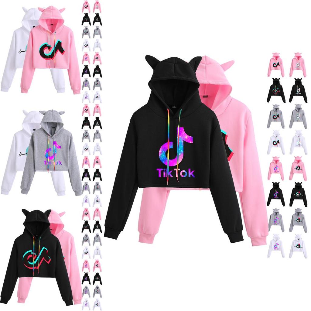 Women Tok Tik Short Pullover Hoodie Spring Autumn Sweatshirt Jumper Tops Crop