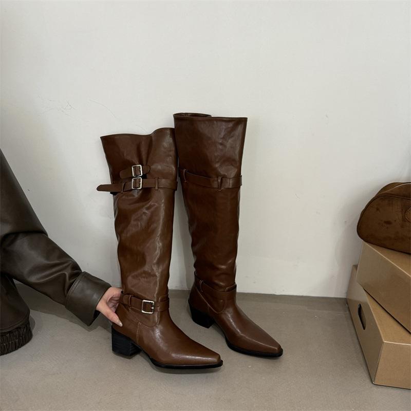 Korean version of retro niche belt buckle two wear pile boots women 2025 autumn and winter new thick heel pointed knee boots