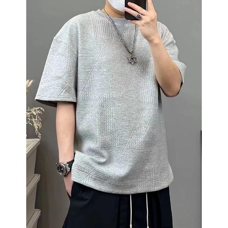 White Relief Texture Jacquard Short-sleeved Men's Hidden Pocket Round Neck T-shirt Loose Casual and Versatile Half-sleeved Men's T-shirt