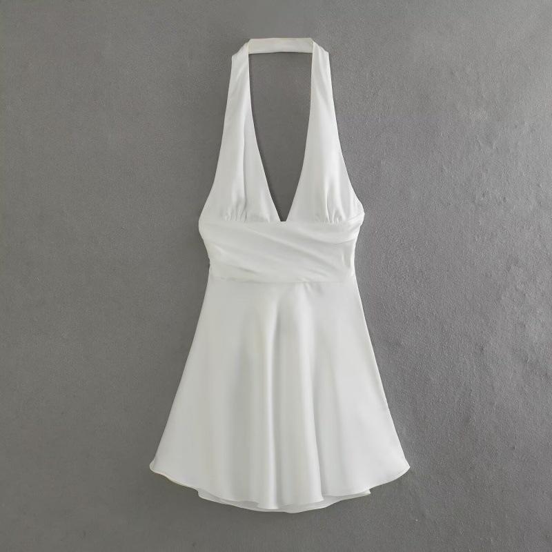 2025 Summer V-neck Halter Backless Silk Satin Tie-Up Mini Dress Medium белый