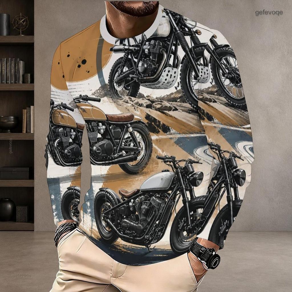 Men's Autumn and Winter Motorcycle 3D Printed Crew Neck Long Sleeve T-Shirt