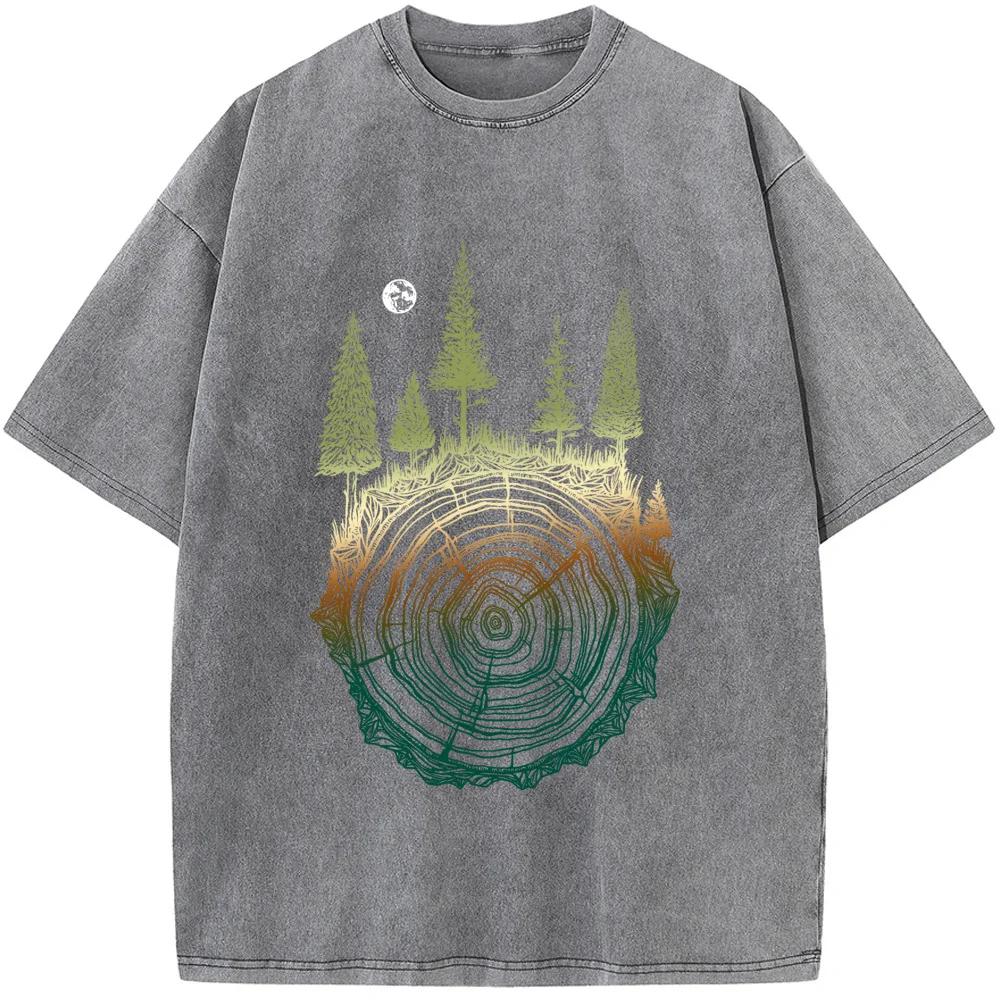 Colorful Tree Ring Men Washed T-Shirt Cotton Loose Casual Bleached Tshirt Novelty Fashion Bleach T Shirt Tops Tee