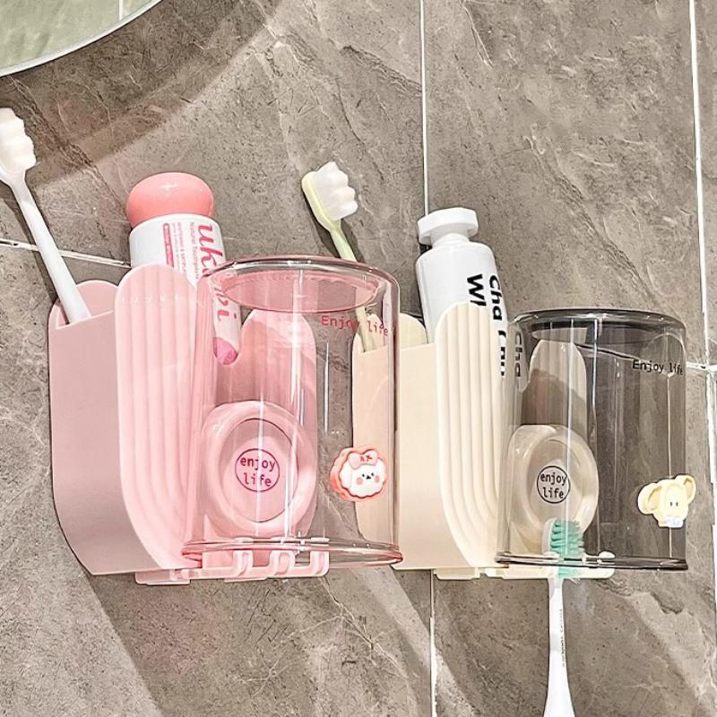 Wandmontierter Zahnbürstenhalter Stanzfrei Gurgelbecher Aufbewahrungsregal Auf dem Kopf stehendes Zahnbürstenbecher-Set