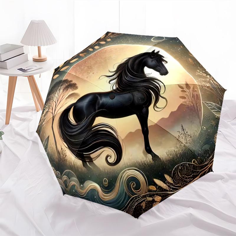 Enchanted Night A Majestic Black Horse Under The Moonlit Sky Automatic Umbrella Compact Durable 8 Rib Design Foldable Design For Outdoor Daily Use