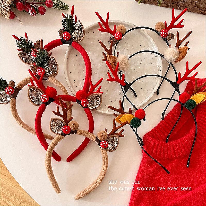 Christmas Deer Antler Headband Red Forest Style, Festive Reindeer Hair Band for Women Girls Children Holiday
