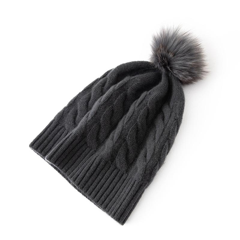 Women's 100% Cashmere Pom-Pom Hat - Three-Strand Winter Knit, Versatile Cable, Warm Ear Protection