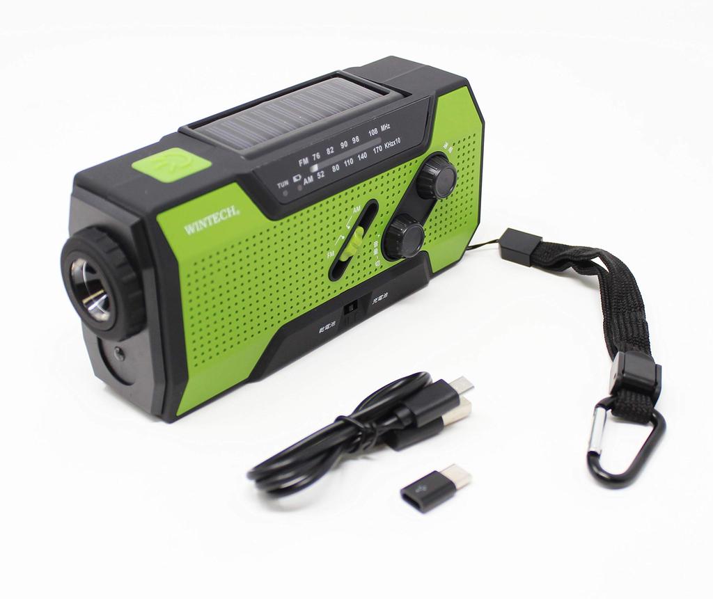 WINTECH Waterproof Portable Radio with LED Portable Charging USB Cable and Adapter Battery Solar Charging KDR-201CWP Hand-Crank FM/AM Light, Green,