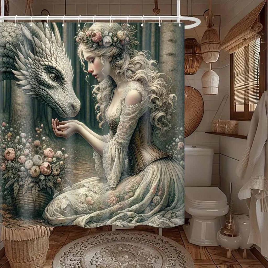 Verzauberte Waldprinzessin und Drache Wasserdichter Duschvorhang für Badezimmerdekor, Einzigartiges Kunstdesign, Lebendige Farben