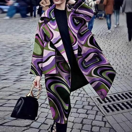 2025 Autumn/Winter European & American Women's Long Woolen Print Coat - Elegant & Warm Trench Overcoat.