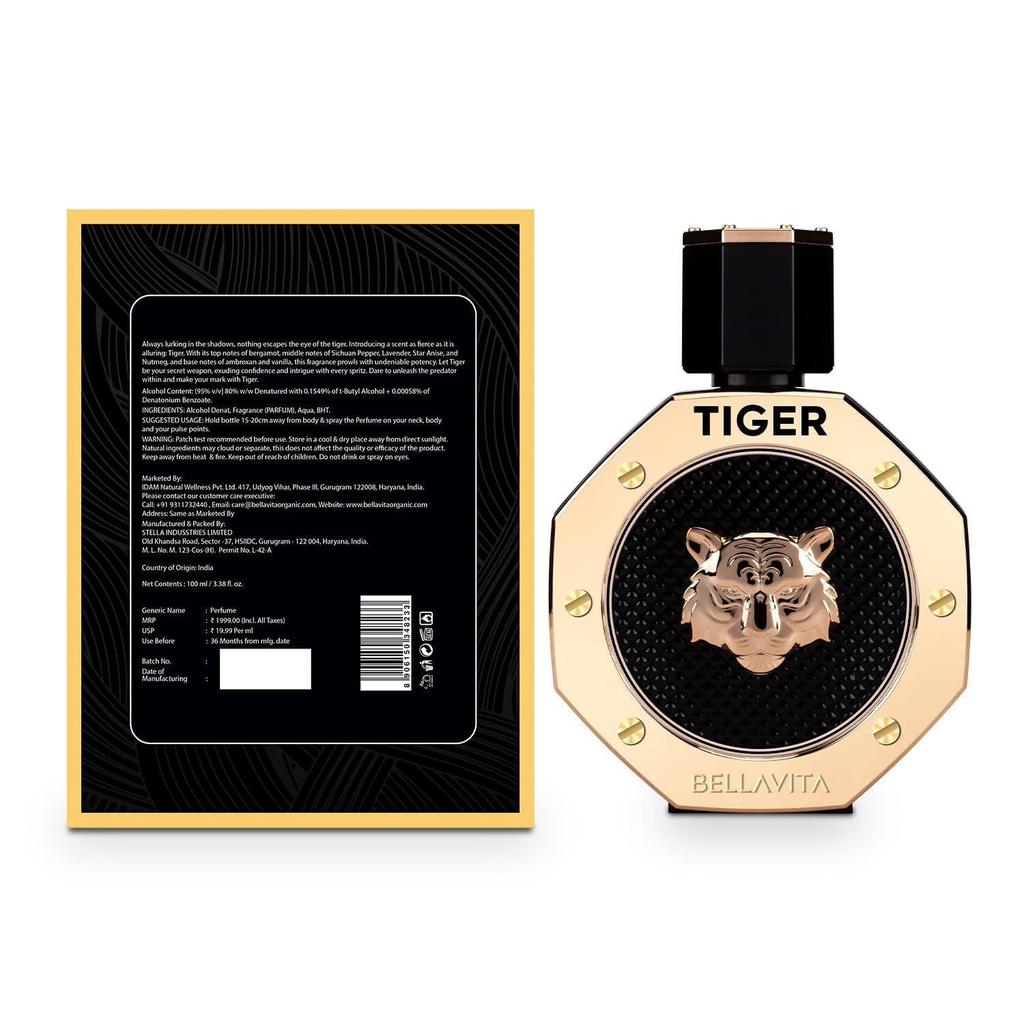 BELLAVITA TIGER | Long Lasting EDP 100ml Perfume for Man | with Bergamot, Pink Pepper, Patchouli,