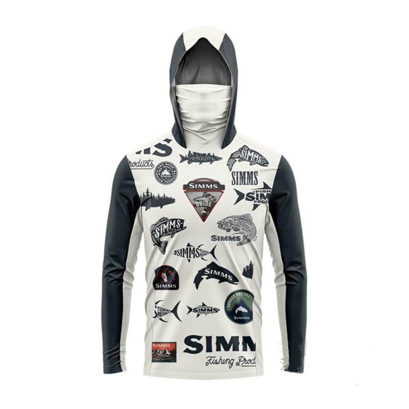 SIMMS Mens UPF50 Long Sleeve Fishing Shirt With Mask Hood UV Protection Angling
