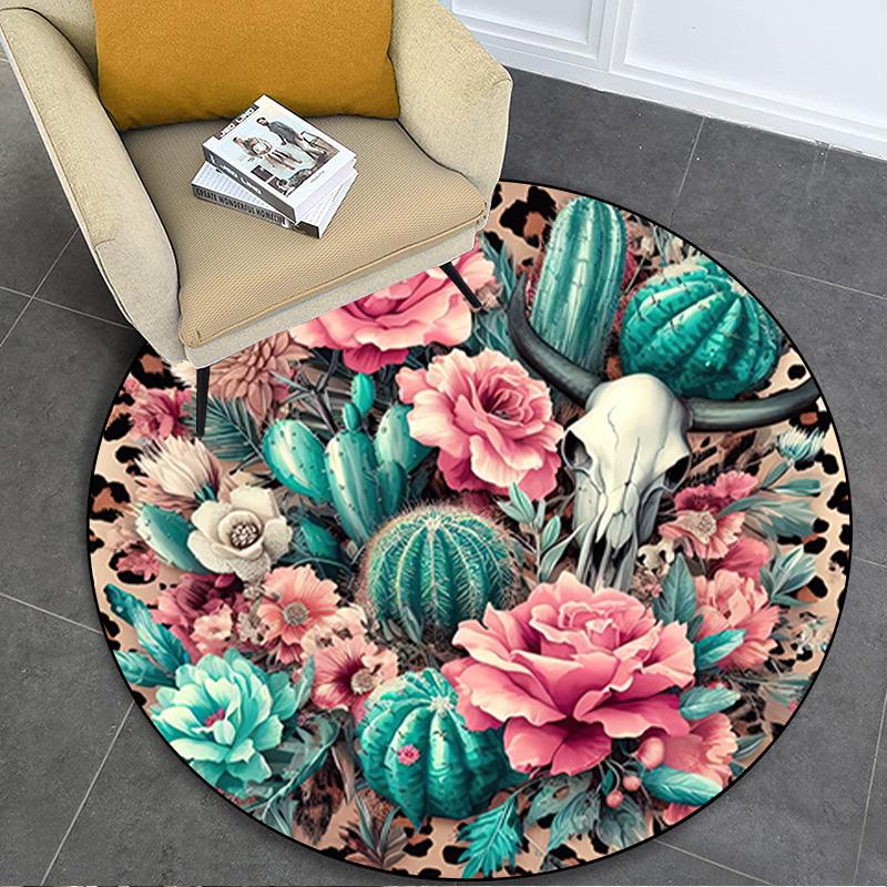 Cow Skull Circular Rug - Office Decorative Carpet For Living Room Bedroom Door Mat Floor Rug Computer Chair Area Rug